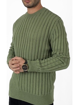 Alışveriş Sokağı Oversize Çizgili Desenli Bisiklet Yaka Triko Kazak