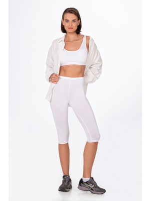 Kompedan Kadın Likralı Süprem Düz Kapri Tayt Beyaz | K0458