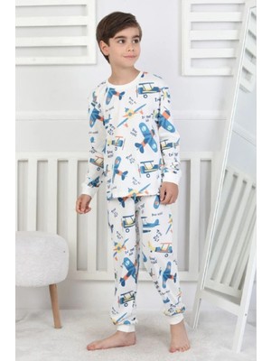 Isobel Isob Ekru Uçak Desenli %100 Pamuk Erkek Çocuk Pijama Takımı 3-13 Yaş 51327-51515