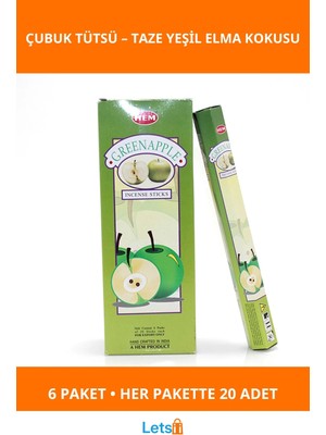 Letsii Ferahlatıcı Yeşil Elma Aromalı Tütsü Çubukları 6 Paket 120 Adet