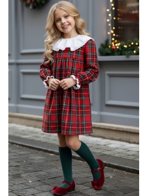 Parla Kids Kız Çocuk Kırmızı Kolej Ekose Uzun Kollu Dantel