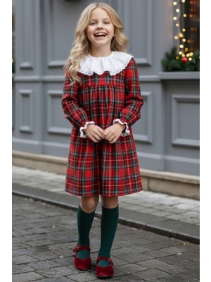 Parla Kids Kız Çocuk Kırmızı Kolej Ekose Uzun Kollu Dantel