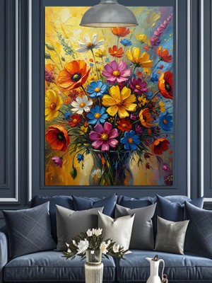 Artmeg Renkli Bahar Çiçekleri Cam Vazo Dekoratif Kanvas - Mdf Ahşap Tablo