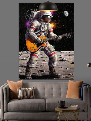 Artmeg Ayda Gitar Çalan Astronot Dekoratif Kanvas - Mdf Ahşap Tablo