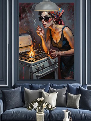 Artmeg Gözlüklü Kadın Sigara Yakıyor Dekoratif Kanvas - Mdf Ahşap Tablo