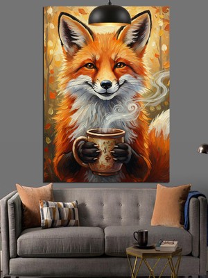 Karizma Tablo Sıcak Kahve Içen Mutlu Tilki Dekoratif Kanvas - Mdf Ahşap Tablo