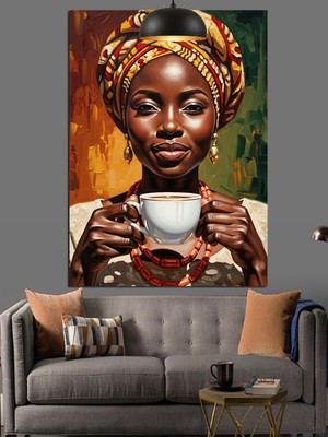 Karizma Tablo Kahve Içen Mutlu Afrikalı Kadın Dekoratif Kanvas - Mdf Ahşap Tablo