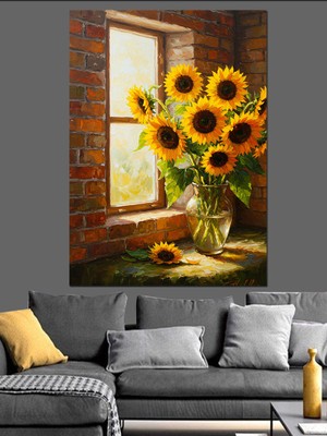 Tablomega Vazoda Ayçiçeği Natürmort Dekoratif Kanvas - Mdf Ahşap Tablo