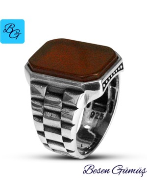 Besen Gümüş Dikdörtgen Akik Taşlı Rolex Tarzı Gümüş Erkek Yüzük