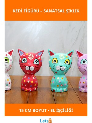 Letsii El Yapımı Renkli Ahşap Tekli Kedi Figürü 15 cm Dekoratif