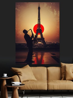 Tablomega Kırmızı Saksafon Eyfel Kulesi Dekoratif Kanvas - Mdf Ahşap Tablo