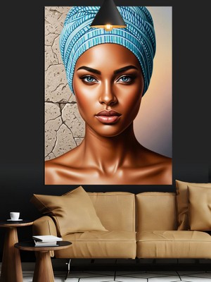 Karizma Tablo Mavi Başlıklı Afrikalı Kadın Portresi Dekoratif Kanvas - Mdf Ahşap Tablo