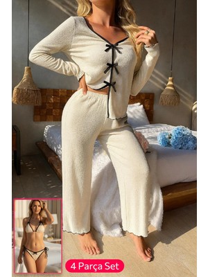 Marsilyan- Kadın Beyaz Fiyonklu Iç Çamaşırı ve Uzun Kollu V Yaka Pijama Takımı 4'lü Set