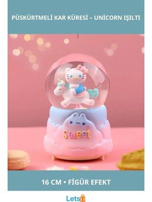 Letsii Hello Kitty Içi Dönmeli Işıklı Müzikli Kar Küresi Büyük Boy 16CM Unicorn
