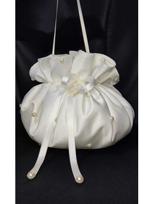 Moda Nur Krem Renk İnci Detaylı Gelin Takı Kesesi 53 cm Çapında Modern Yuvarlak Tasarım