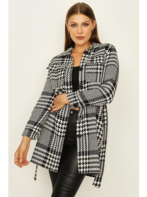 Select Moda Kadın Kazayağı Desenli Düğmeli Kemerli Ceket
