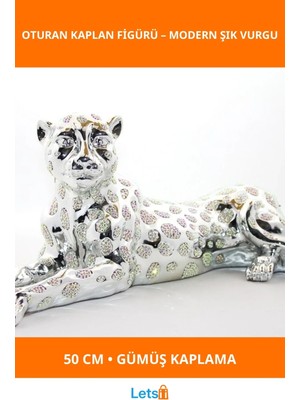 Letsii Polyester Oturan Kaplan Figürü 50 cm Gümüş Renk Dekoratif Obje