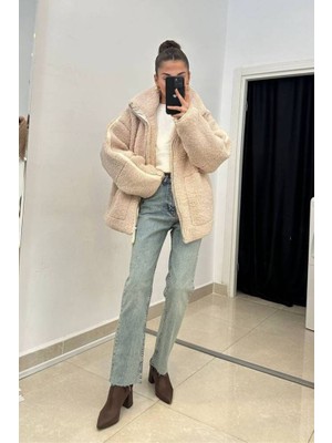 Peluş Mont Oversize Taş Astarlı Fermuarlı Cepli