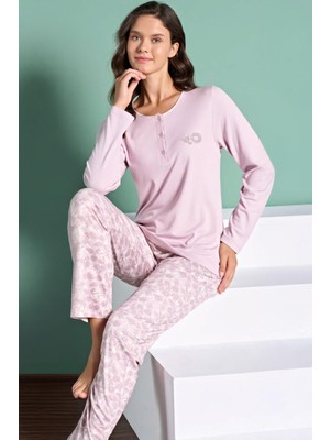 Pijadore Kadın Uzun Kollu Düğmeli Yaka Çiçek Desenli Alt Pembe Renk Pijama Takımı C7T8N91