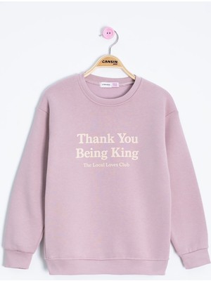 Cansın Mini Gül Kurusu Yazı Baskılı Bisiklet Yaka Kız Çocuk Şardonlu Sweatshirt 23259
