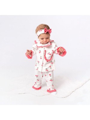 by BebekOdam Kız Çocuk Ekru Pembe Lale Desenli Fırfırlı Bandanalı Pijama Takımı - 1015413