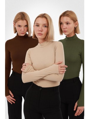 Yade Fashion Kadın Parmak Detaylı Body 3’lü Set – Kahverengi Ekru Haki