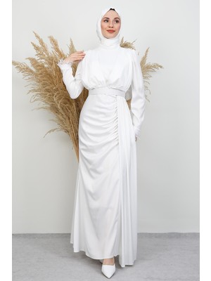 Giza Store Tüylü Saten Tesettür Elbise Beyaz
