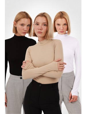 Yade Fashion Kadın Parmak Detaylı Body Seti Uzun Kollu Viskon Kumaş 3'lü Siyah Beyaz Ekru