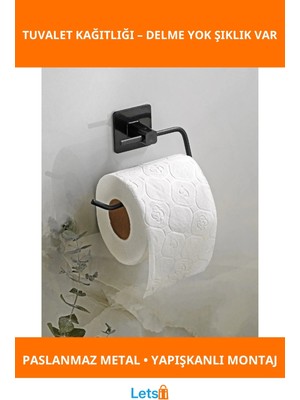 Letsii Metal Siyah Şık Tuvalet Kağıtlığı Delmesiz Kolay Kurulum