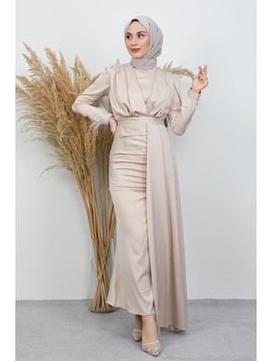 Giza Store Tüylü Saten Tesettür Elbise Krem