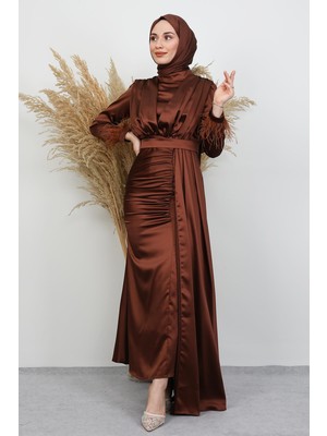 Giza Store Tüylü Saten Tesettür Elbise Acı Kahve