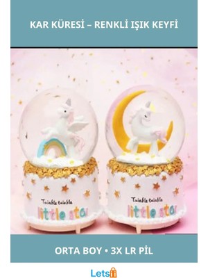 Letsii Unicorn Kar Küresi Orta Boy 3D Yıldız Desenli Renk Değiştiren Işık
