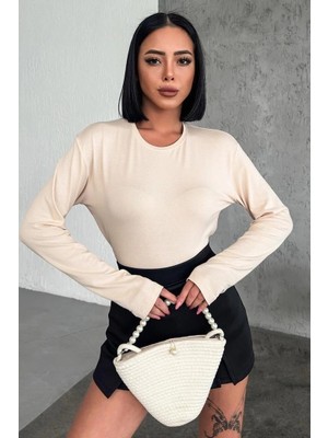 Femina Trendy Rahat ve Şık Uzun Kollu Bisiklet Yaka Likralı Viskon Penye Body Bej