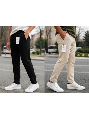 Man&Tarz Erkek Bej-Siyah Pike Likralı Jogger Pantolon Normal Bel Düz Paça 1 Adet Esnek Kumaş