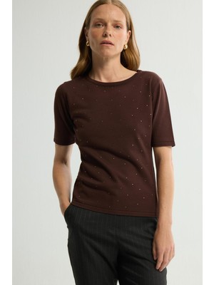 Love My Body Yuvarlak Yaka Kısa Kollu Triko Bluz Kahve 115L9634000