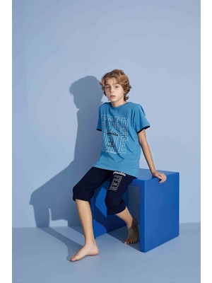 Tarık Erkek Çocuk Sportswear Fear None T-Shirt Kapri Alt Bisiklet Yaka Orta Kalın Pijama TAKIMI-3922