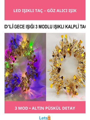 Letsii Kalp Püsküllü 3 Modlu LED Işıklı Taç Altın Renk
