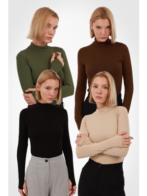 Yade Fashion Kadın Parmak Detaylı Body 4’lü Set