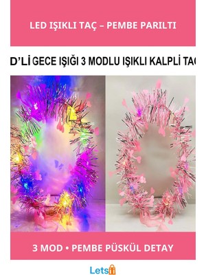 Letsii Kalp Püsküllü 3 Modlu LED Işıklı Taç Pembe Renk Partisi Aksesuarı