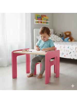 WoodEnzo Montessori Uyumlu Ahşap Aktivite Masası ve Sandalyesi Seti - Pembe