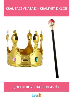 Letsii Altın Renkli Çocuk Kral Tacı ve Kırmızı Topuzlu Kral Asası