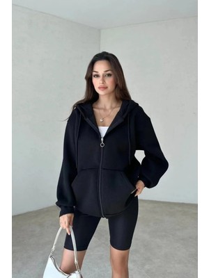 Yakamel Kadın Oversize Kapüşonlu Fermuarlı Hırka Siyah 2 İplik Kumaş Düz Desenli Rahat Tasarım