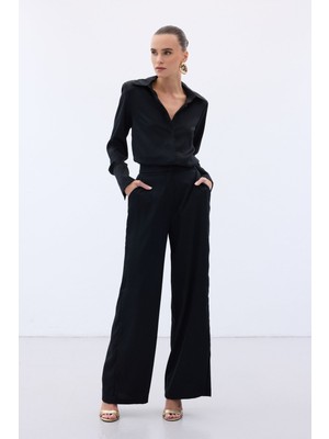 Sateen Jakarlı Pantolon - Siyah