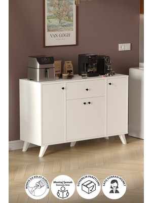 Bofigo 4 Kapaklı Dolap Çekmeceli Çok Amaçlı Dolap Mutfak Dolabı Kahve Köşesi Kiler Ilayda Beyaz