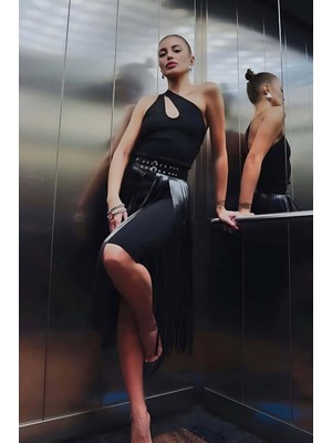 Venüs Shopping Püsküllü Deri Etek, Şık Deri Etek, Uzun Deri Etek, Siyah Deri Etek - BRF637