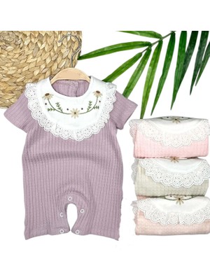 Venüs Shopping 3-6-9-12 Ay Bebe Yaka Çiçek Nakışlı Pamuklu Petek Penye Yazlık Kız Bebek Tulumu