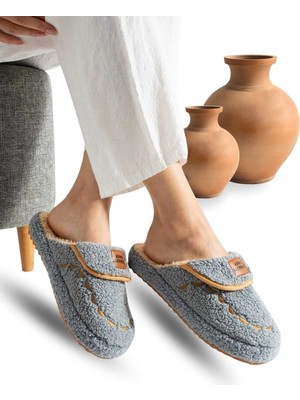 Sermoda Kadın Ev Terliği Hafif Tabanlı Sıcak Tutan Kışlık Kadın Ev Terliği Çeyiz Terliği Gri