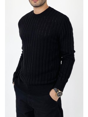 Alışveriş Sokağı Oversize Çizgili Desenli Bisiklet Yaka Triko Kazak