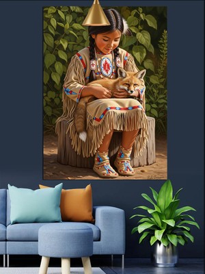 Artmeg Kucağında Tilki Seven Kızılderili Kız Çocuğu Dekoratif Kanvas - Mdf Ahşap Tablo