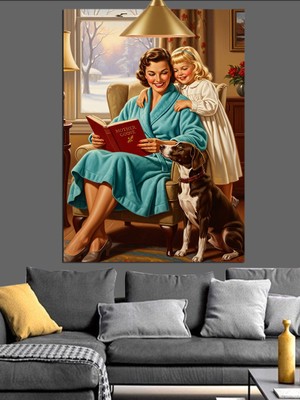 Tablomega Mutlu Aile Köpekleri ile Retro Dekoratif Kanvas - Mdf Ahşap Tablo